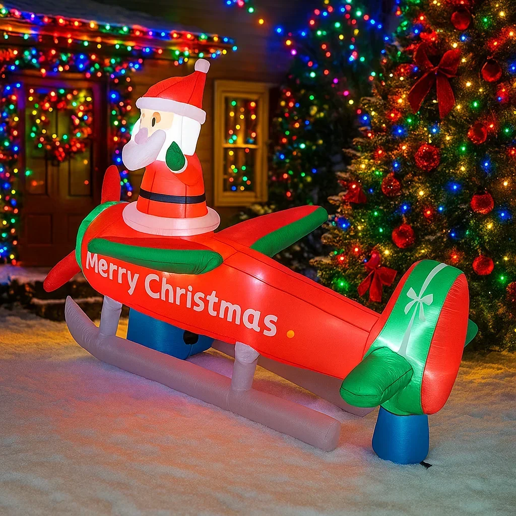 8.9FT Christmas Outdoor Party Toy Christmas Decorations Inflatable Santa Claus Airplane Toys Home Yard Ornaments with LED Decor