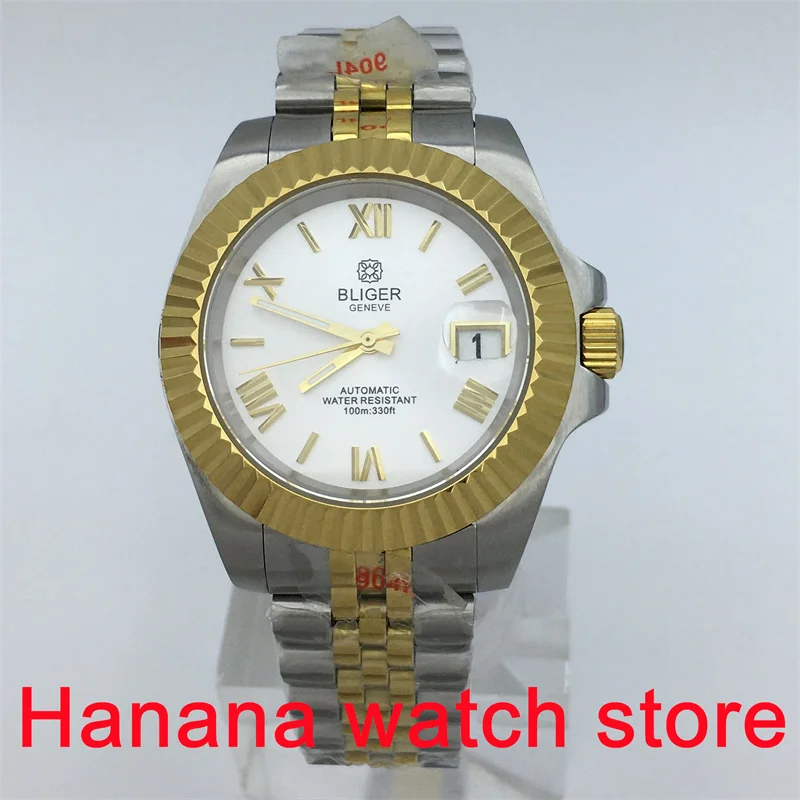 

BLIGER 36mm 40mm NH35A automatic Men's watch Sapphire glass White dial Gold Roman numerals gold stainless steel bracelet