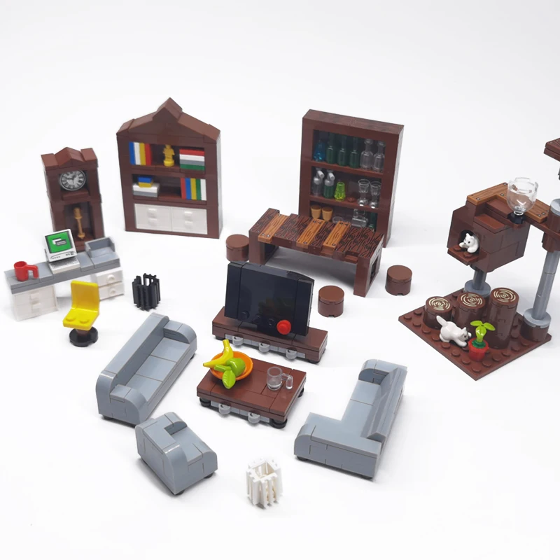 MOC Building Blocks Furniture Decorations for Living Room Bedroom - Bed Bookshelf Sofa Computer Desk Small Potted Toy Models