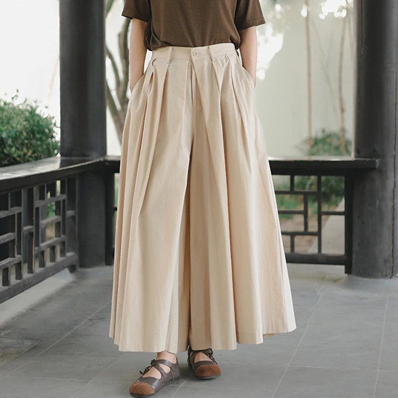 

100% Cotton Women Casual Wide Leg Pants New Arrival 2025 Spring Simple Style Solid Color Loose Female Ankle-length Pants M1282