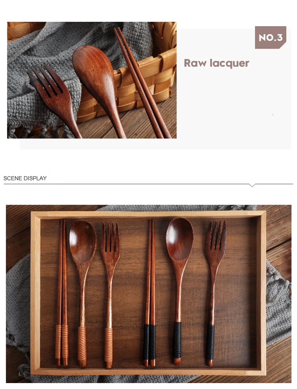 3-teiliges Geschirr, Naturholz, Geschirr, Löffel, Essstäbchen, Gabel, Abendessen, tragbares Geschirr, Getreide, Haushalt, Küche, Besteck-Set – Detail 7