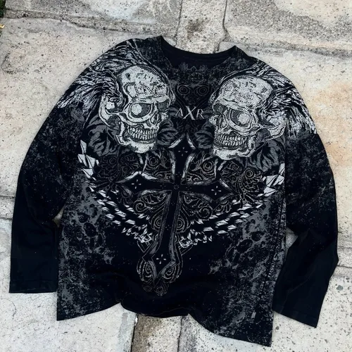 Y2K-Camiseta de manga larga con estampado de calavera y Cruz gótica americana Retro, ropa de calle de gran tamaño de algodón Unisex, Top gráfico para pareja de otoño e invierno