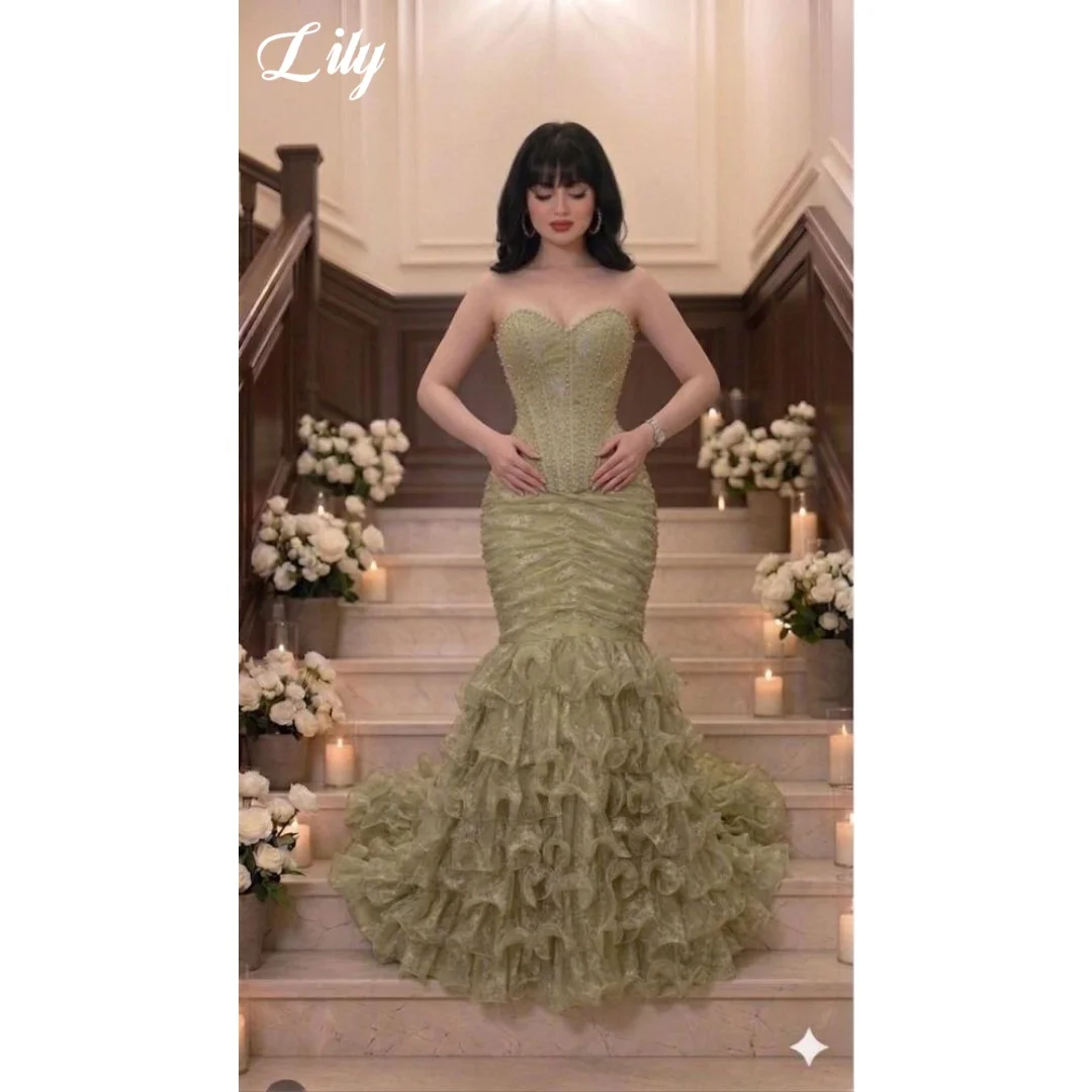 

Lily Green Sweetheart Prom Dress Beaded Corset Evening Gown with Ruffled Mermaid Skirt Flora Print Elegant Party Gown Customized