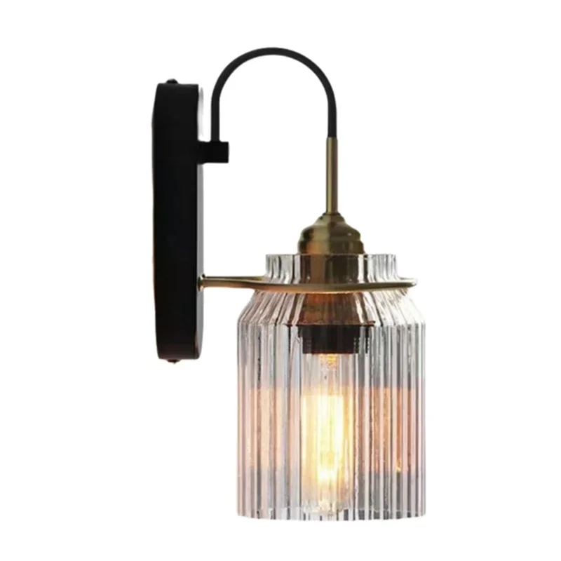 Retro Curved Gooseneck Arm Wall Lamp Smoked Vertical Fluted Glass Shade Black Gold Metal Wall Sconce Living Room Staircase