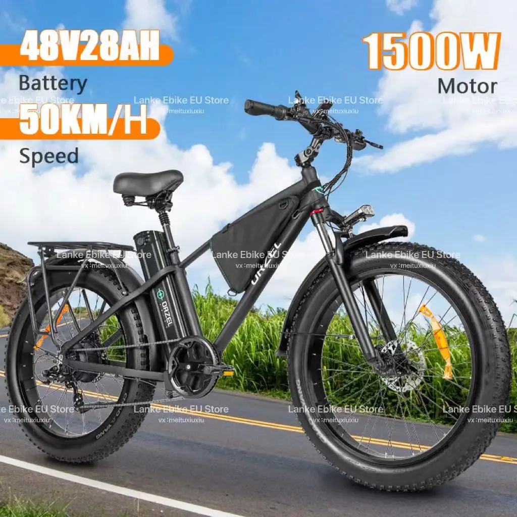 2024 EU New P26 pro Large Capacity Fat Tire Electric Bicycle 1500W48V28AH, 50km/h 26 inch Mountain Electric Bicycle 60KM 7 Speed