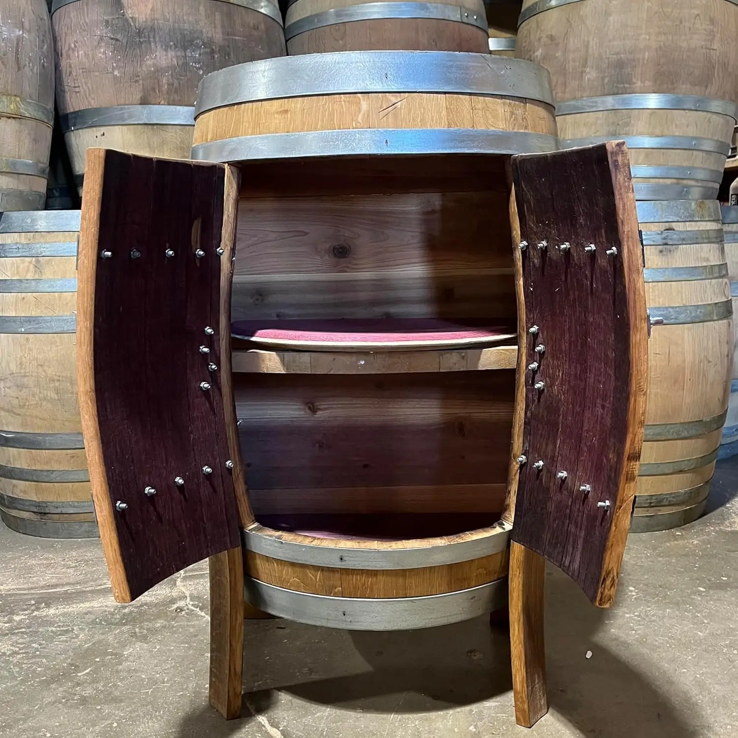 "Wine Barrel Storage Cabinet - Reclaimed Oak Half Barrel with Door, Rustic Farmhouse Decor & Storage"