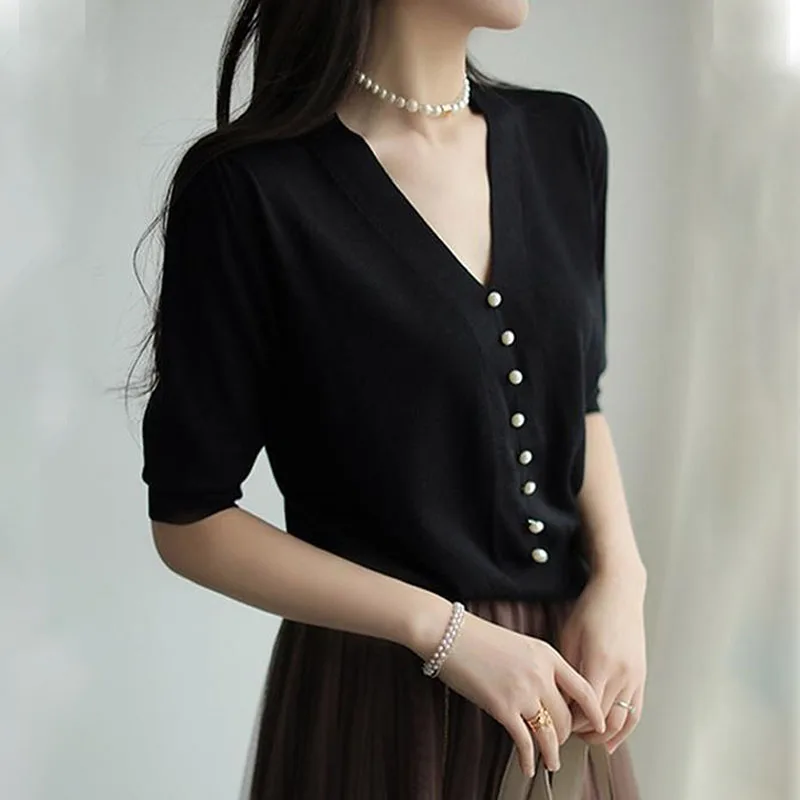 Elegant Fashion V-Neck Solid Color Knitted T-shirt Summer Women's Clothing 2022 Casual All-match Button Spliced Half Sleeve Tops