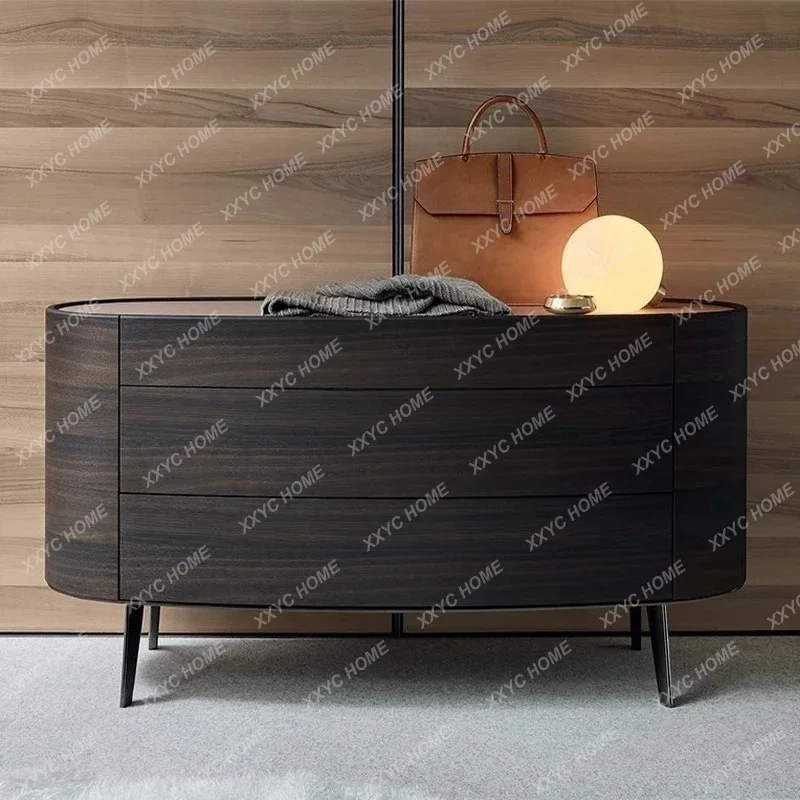 A  Italian minimalist side cabinet modern smoky color solid wood entrance leather countertop locker