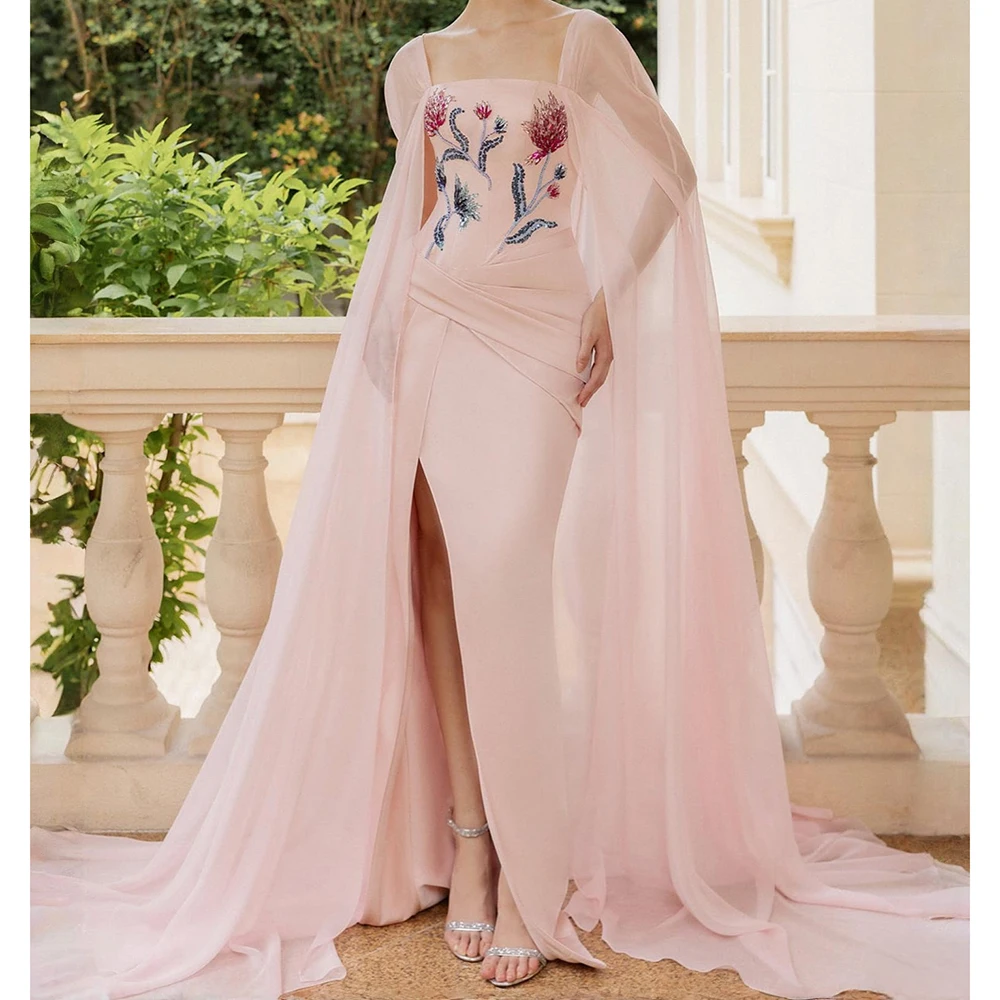 

Customized Mermaid Evening Dresses Floor-length Square Collar Sleeveless Prom Gown Fashion Crystal Flowers Stole Party Gown