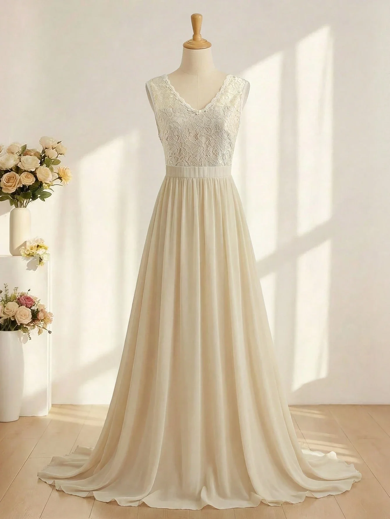 

Элегантное кружевное шифоновое длинное платье без рукавов с V-образным вырезом и А-образным силуэтом для свадьбы, выпускного вечера или в качестве платья подружки невесты