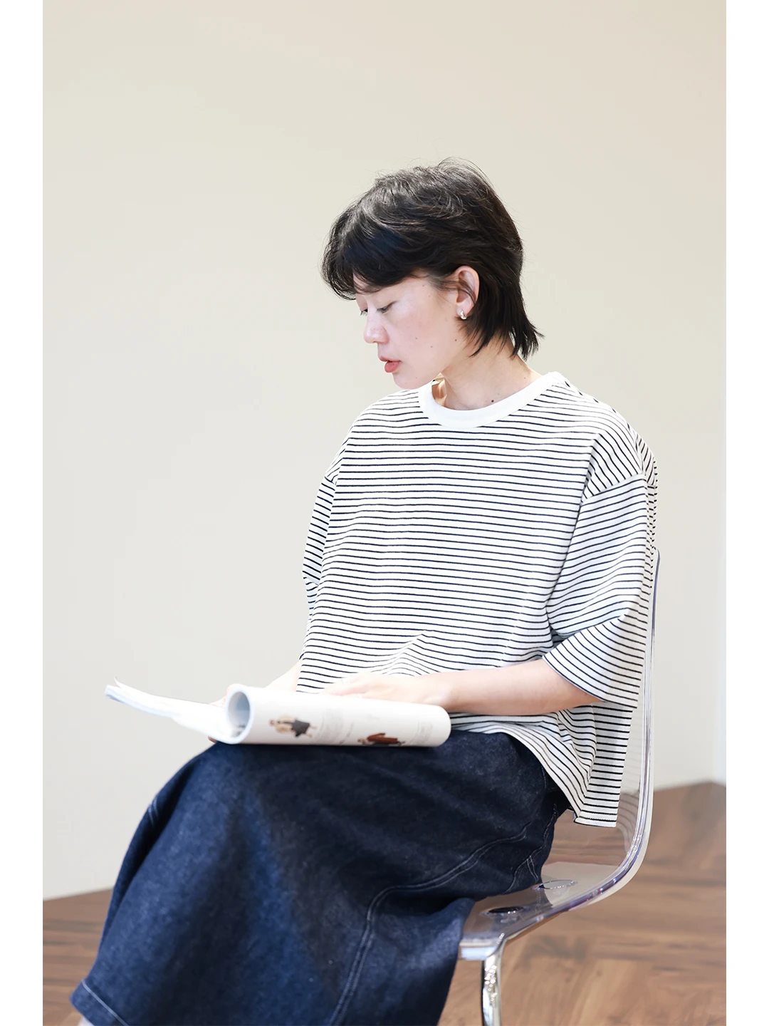 

Comfortable Loose Color Woven Pure Cotton Bla White Stripes round Ne ort Sve T irt Women Summer Versatile Retro Ca...