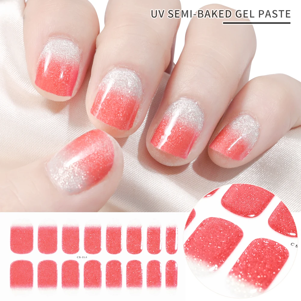 2024 # Neue halbgehärtete Gel-Nagelaufkleber, langlebig, einfarbig, Nagelstreifen, UV-Lampe, ausgehärtete Maniküre-Gel-Aufkleber, 16 Tipps