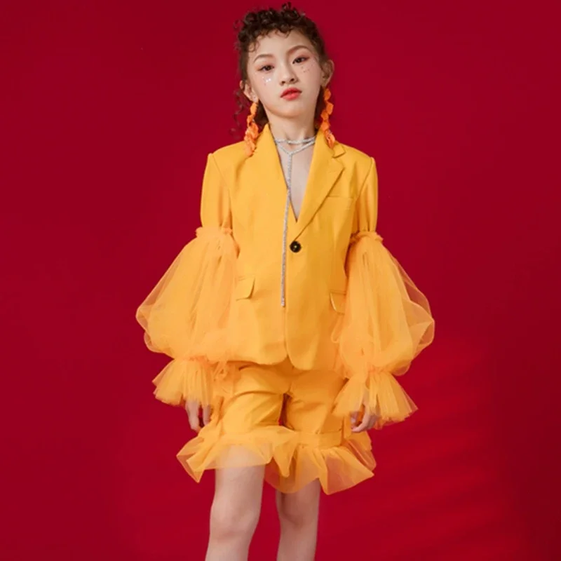 

Kids Hip Hop Clothing Kpop Outfit Girls Orange Lantern Sleeves Jazz Dance Costume Children'S Stage Show Catwalk Clothes