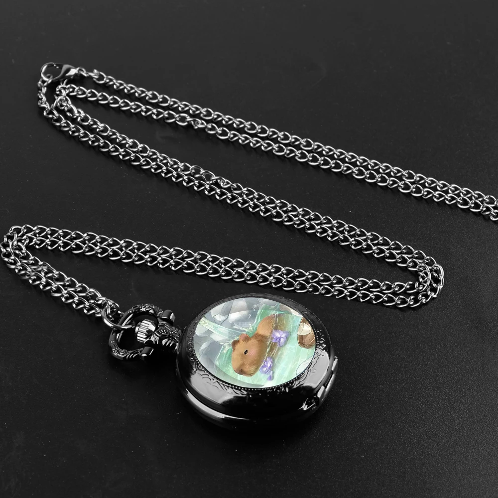 Capybara Bath Fun Design Glass Dome Quartz Pocket Watch with Arabic Numerals Dial Durable Chain Perfect For Easter Gifts