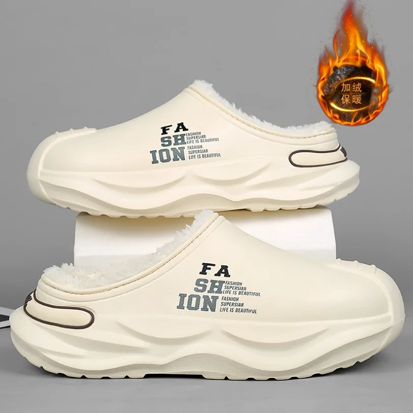 Men Winter Fleece Lined Slippers Thick Platform Closed‑Toe Non‑slip Warm Shoes for Indoor  Home Daily Cold Weather Wear