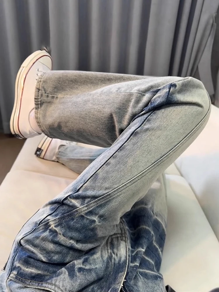 

Мужские облегающие джинсы Cleanfit с синей талией и рисунком молнии High Street Sle, расклешенные прямые джинсы, молодежная мода