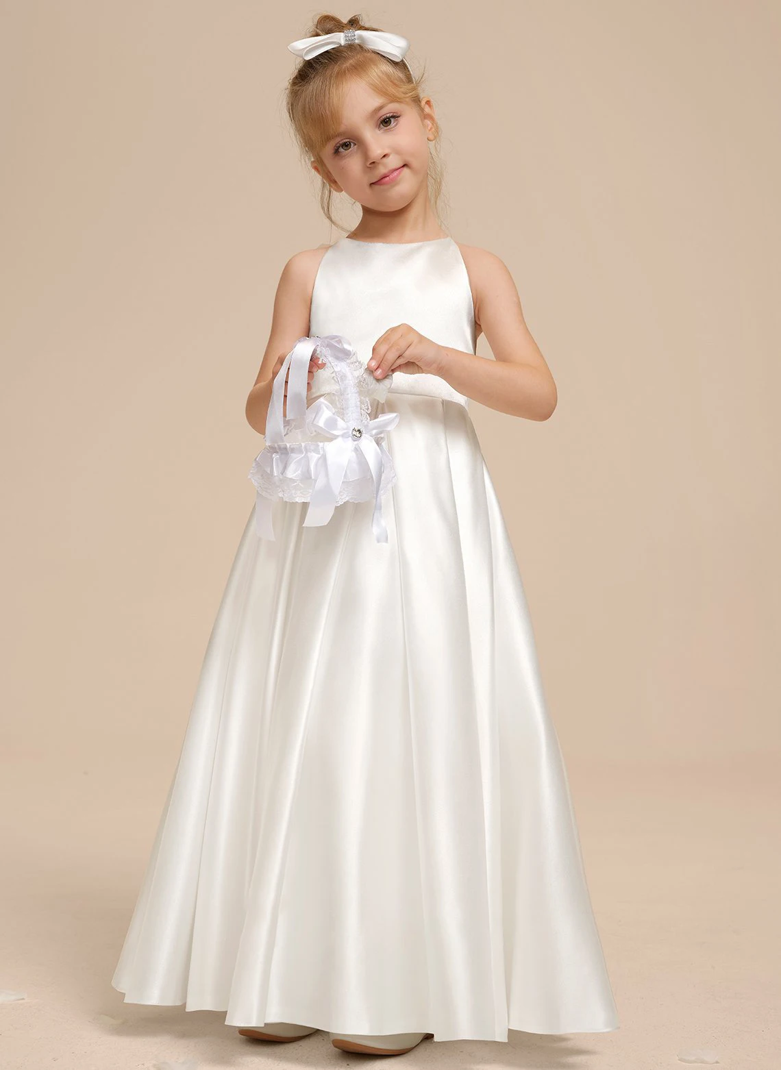 YZYManual-Floor-Length Flower Girl Dress, A-Line Scoop, Cetim, Custom Made, Vestidos de casamento, Flower Girl