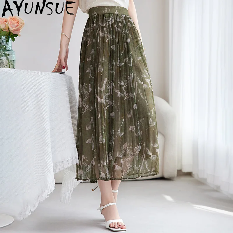 AYUNSUE 100% Mulberry Silk Long Skirt Commuting Style Printed Skirts for Women Slimming Summer Tulle Skirt 2026 New Юбка Женская