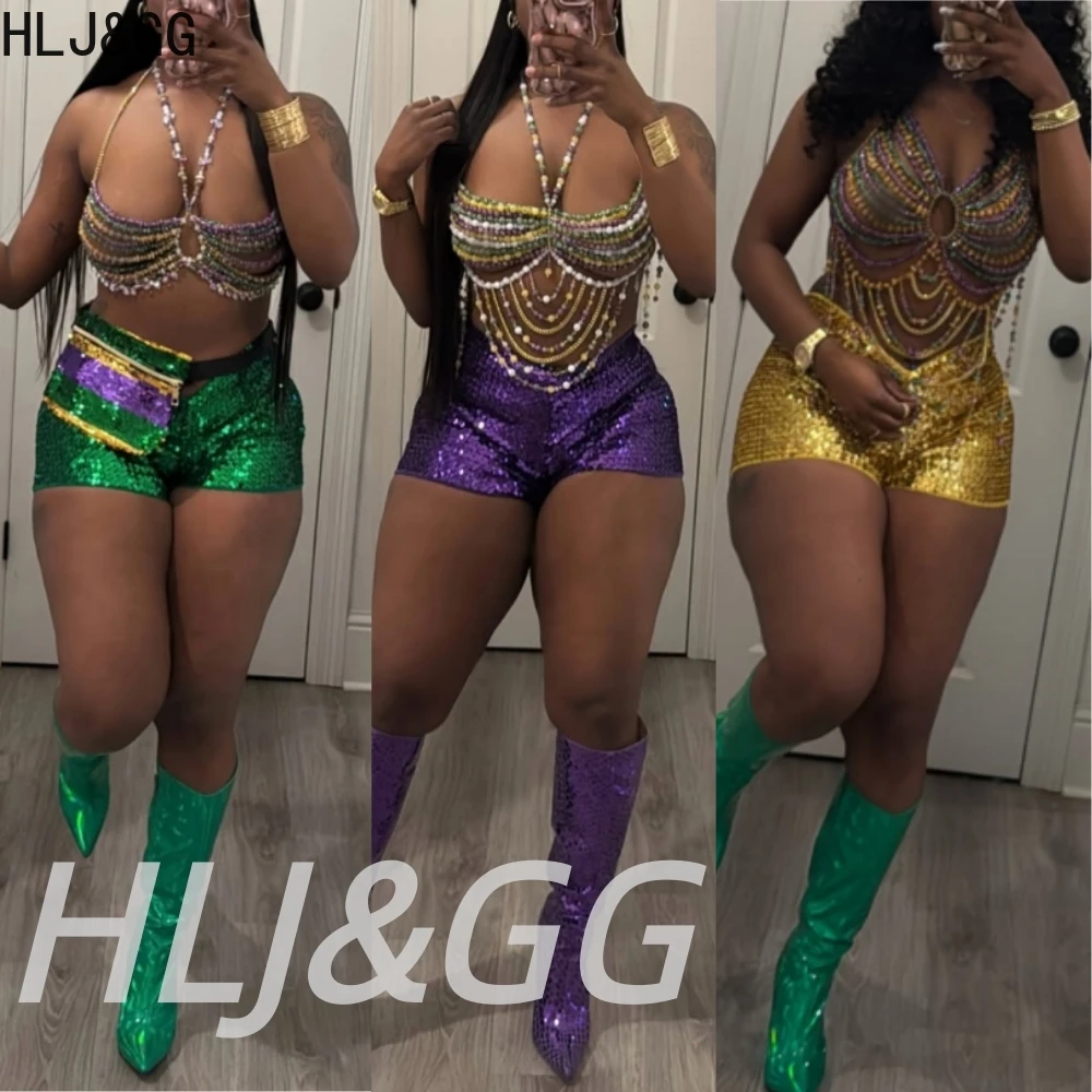 

HLJ&GG Sexy Hollow Beading Vest Halter Two Piece Sets Women Sleeveless Backless Tassel Crop Top+Sequin Shorts Outfits Streetwear
