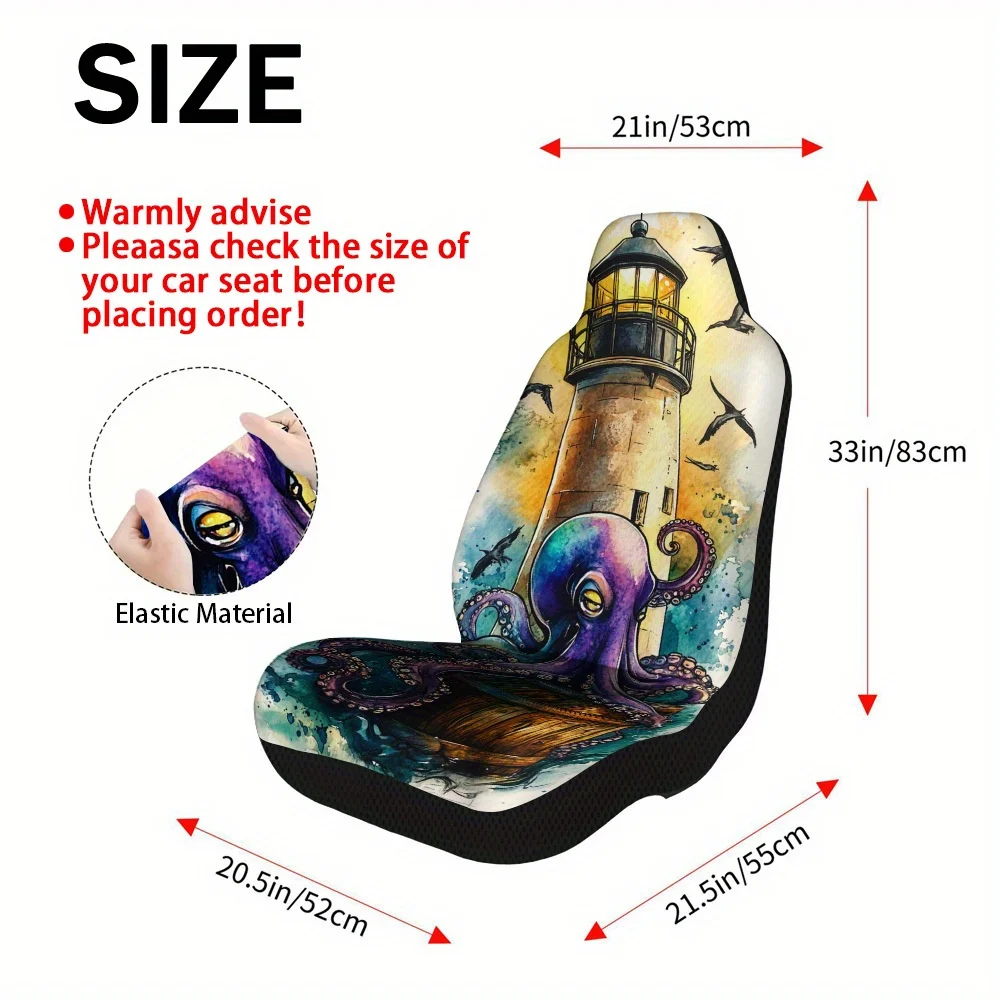 2pcs Giant Octopus Lighthouse Print Car Seat Covers – Universal Auto Front Seat Protectors For Cars, SUVs & Sedans, Enhance Comf