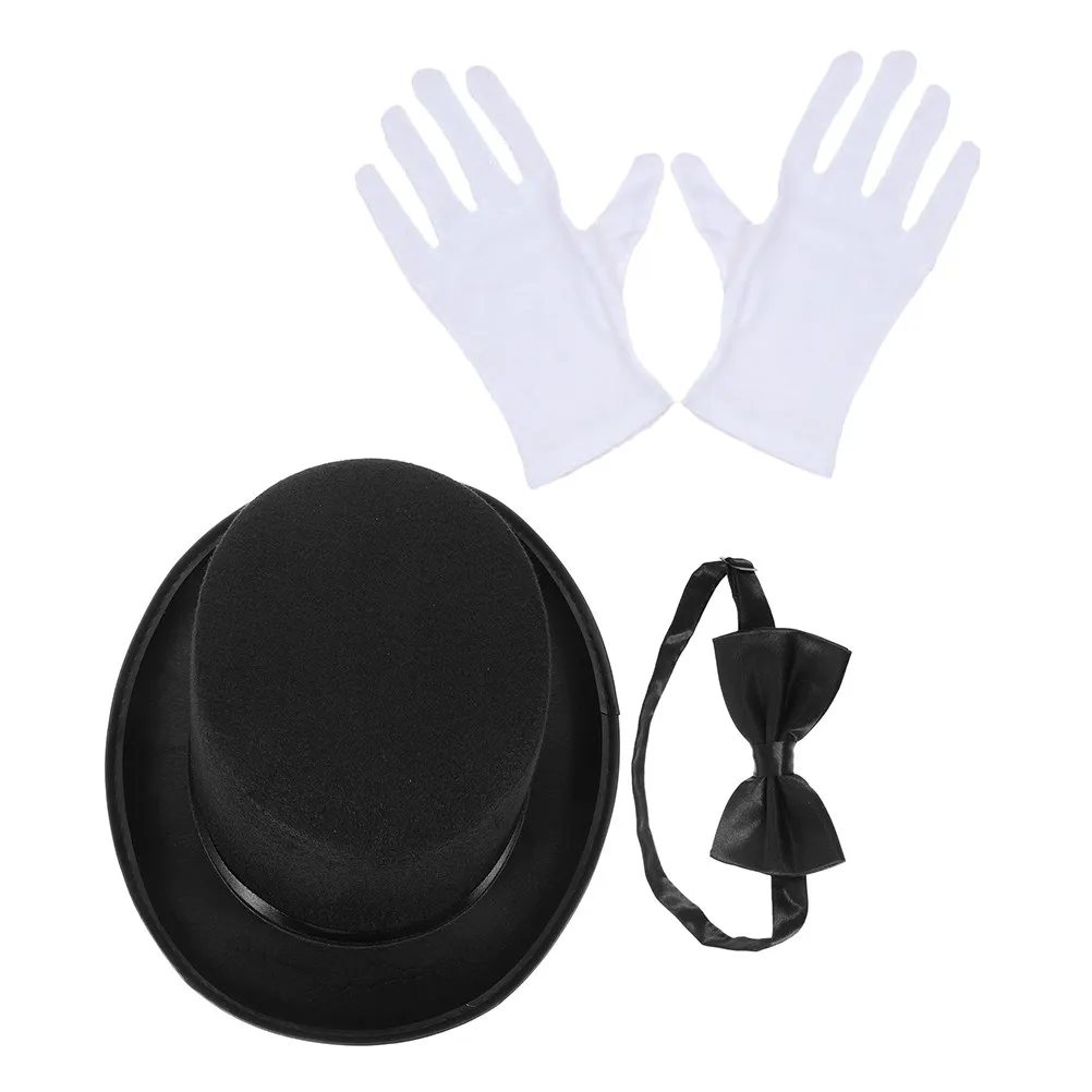 1Set Black Top Hat Costume Accessory Classic Detective Role Playing Halloween Magician Costume Bow Tie Gloves Top Hat