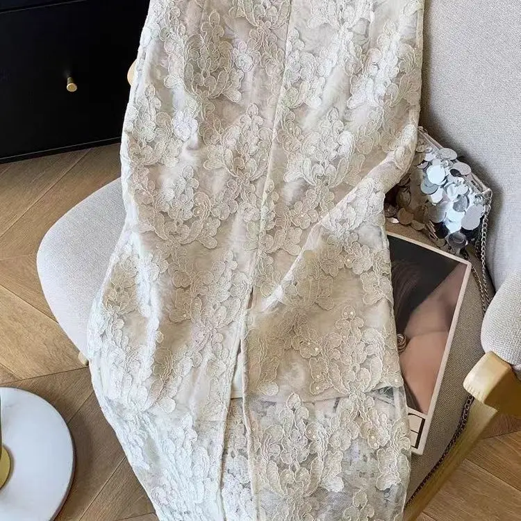 2025 Spring Summer Women Elegant Embroidery Lace Glitters Beige  Pencil Skirt , Korean Woman Fashion Sequined Long Skirts