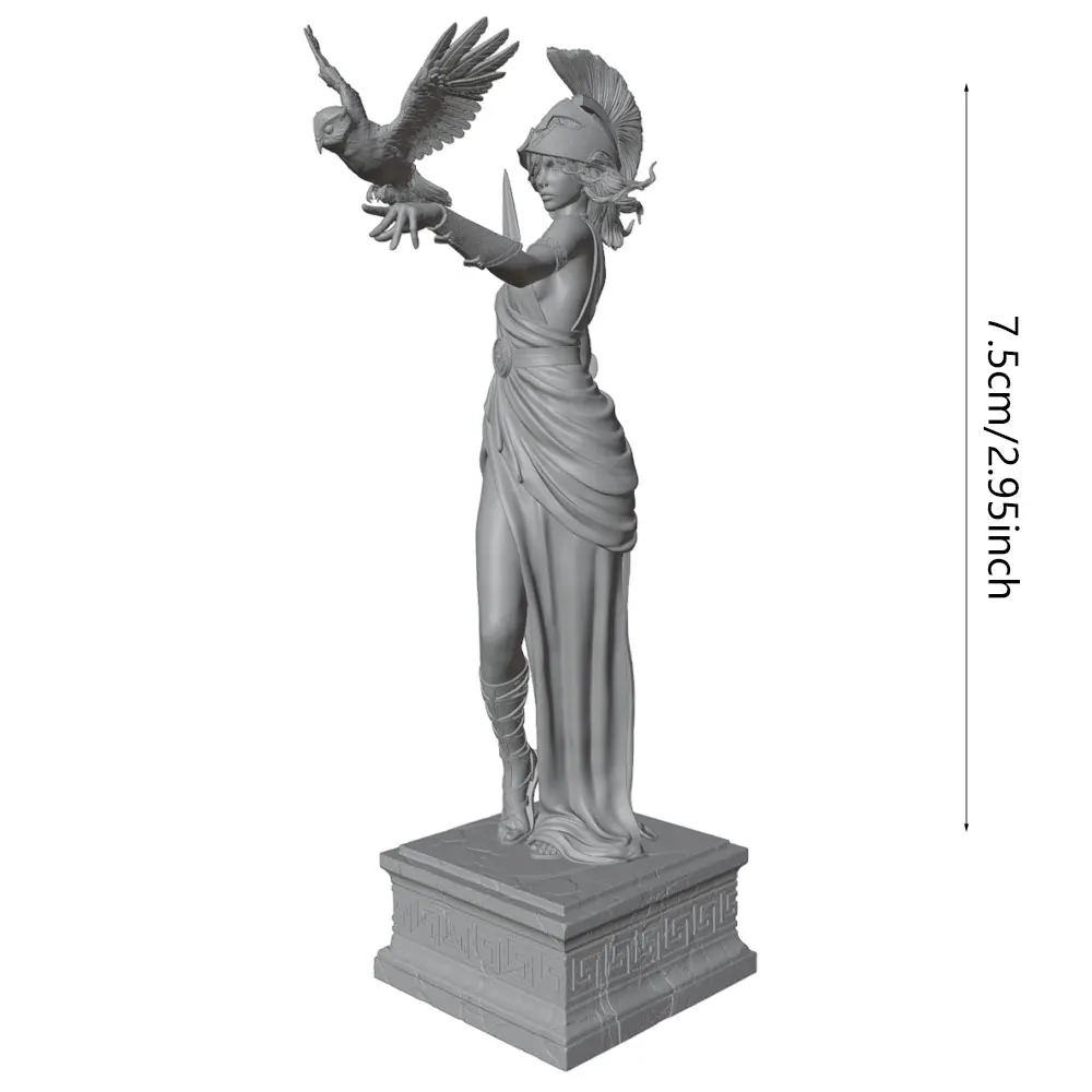 1/24 Miniature Resin Model Statue, 75mm Figure Toy Model Kit, Featuring a Graceful and Beautiful Young Goddess Wearing a Helmet and Crown, Holding a Spear in Her Right Hand and Holding an Owl in Her Left Hand, High-Detailed Resin Model Figure, Unpainted, Perfect for Role-Playing Games and Collecting
