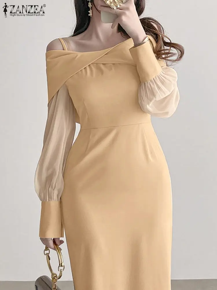 

Elegant Cold Shoulder Dress Women Wrap Hips Dresses ZANZEA Fashion Khaki Evening Robe Vintage Mesh Lantern Sleeve Maxi Vestido