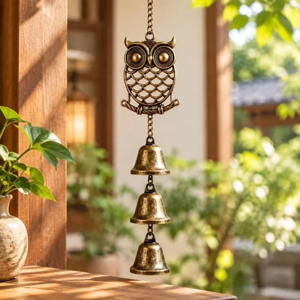 Hanging Pendant Vintage Owl Wind Chime Bell Retro Metal Metal Wind Chime Bell Hollow 3 Bells Hanging Wind Chime Bell Hallway