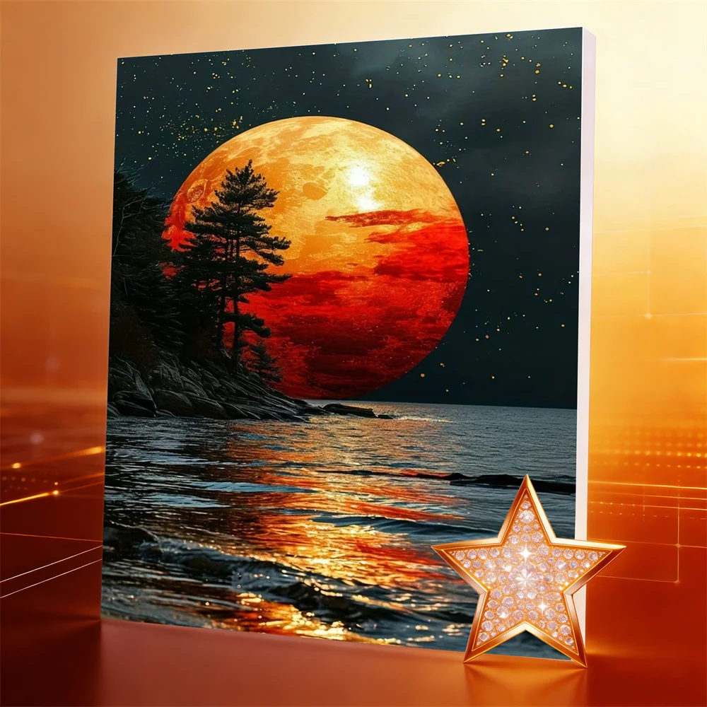 AZQSD Diamantmalerei Meereslandschaft Sternenhimmel Vollbohr-Sets Diamant-Mosaik Mond Sonnenuntergang Erwachsenen-Bastelset Wanddekoration