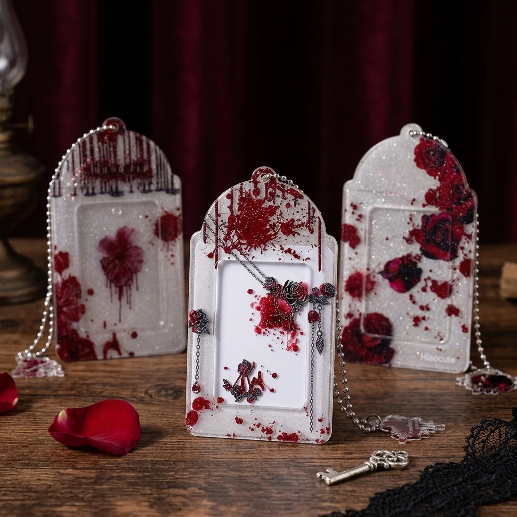 Y2K Dark Gothic Photocard Holder Rose Glitter PVC Card Protector Clear Idol Photo Sleeve Bag Charm Kpop Case Keychain