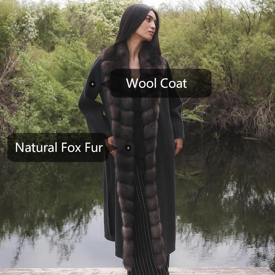 New Cashmere Coat Women Wool Real Fox Fur Collar Coat Long Winter Coats Women 2024 Warm Jackets