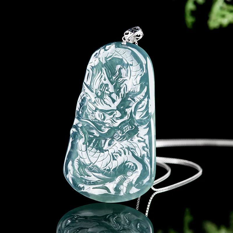 

Natural A Jadeite Ice Blue Water Dragon Pendant 18K Gold Zodiac Necklace Unisex