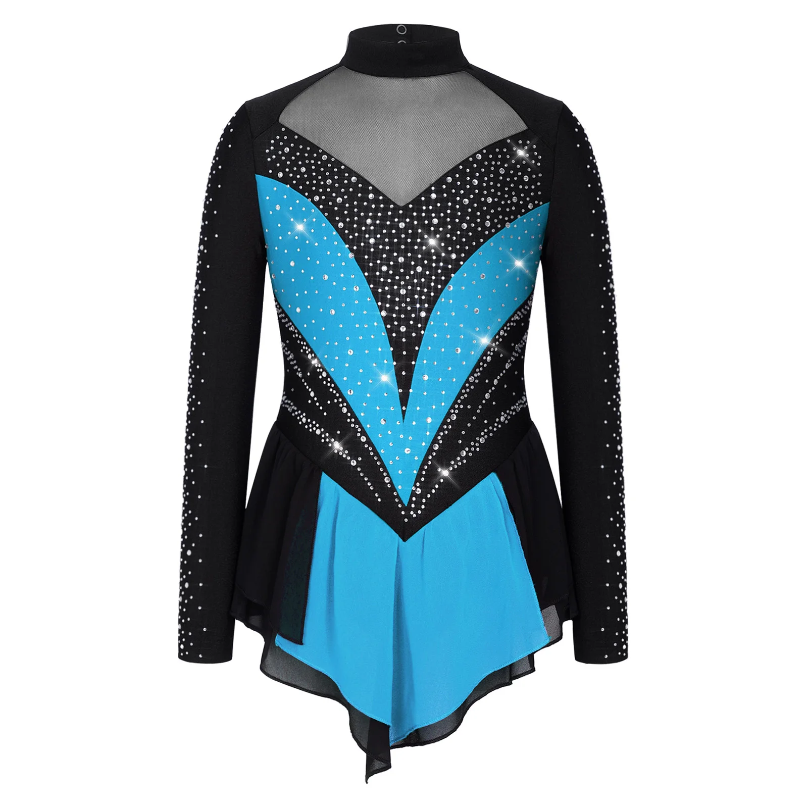 Kinder Mädchen Strass-Gymnastik-Trikot Eiskunstlauf Ballett Lyrisches Tanz-Auftrittskostüm Trikotkleid mit unregelmäßigem Saum – Detail 8