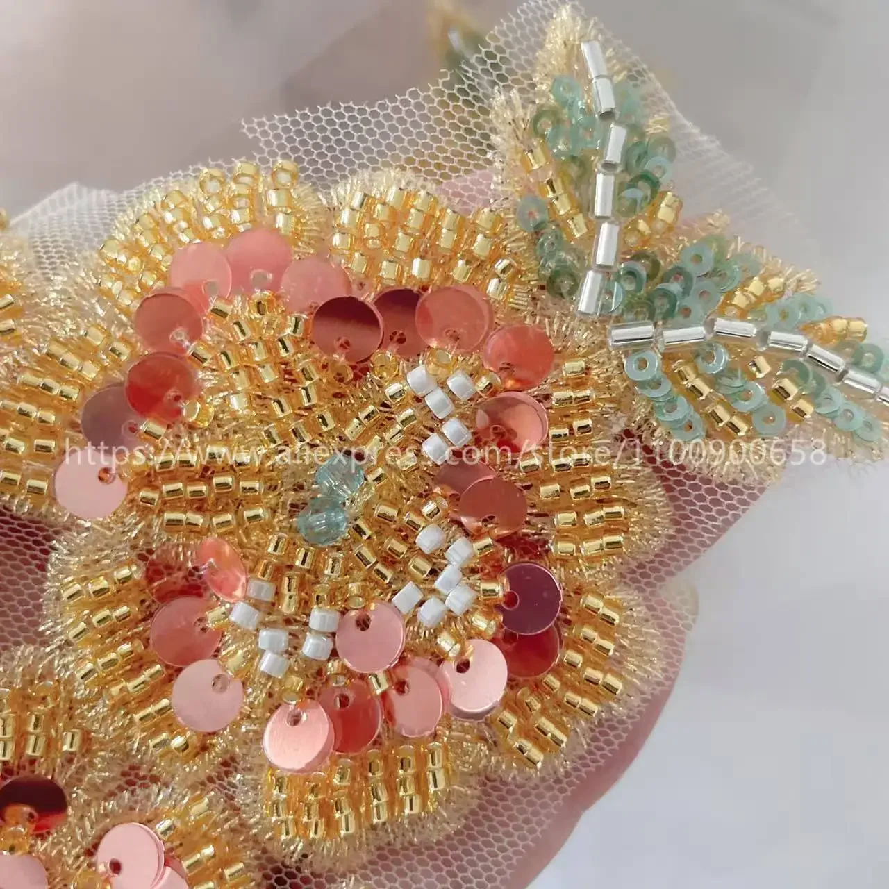 Multicolor Golden Bead Rose, Shining Sequins Applique, Embroidery Patches, Sewing Handmade. DIY Jewelry Materials RS24667