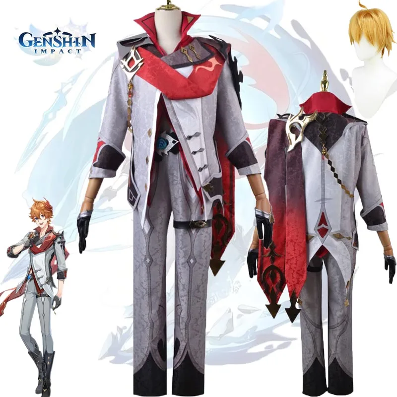 Game Tartaglia Cosplay Costume Genshin Impact Wig Full Set Outfit with Accessories Handsome Clothing Halloween Party Men Suit