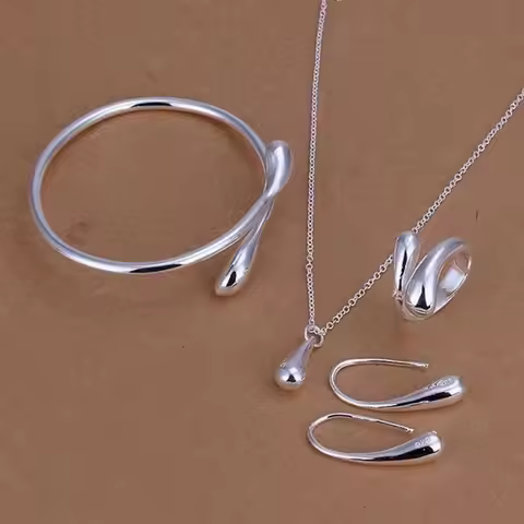 Luxury 925 Sterling Silver Teardrop Jewelry Set for Women Simple Ring Necklace Bracelet Earrings Four-piece Set Party Jewelry