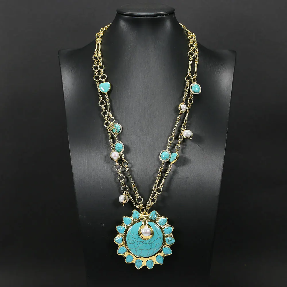 

Real Gems Blue Turquoises CZ Paved Heart Beads Sweater Chain Long Necklace Turquoise Pearl Paved Sun Flower Pendant