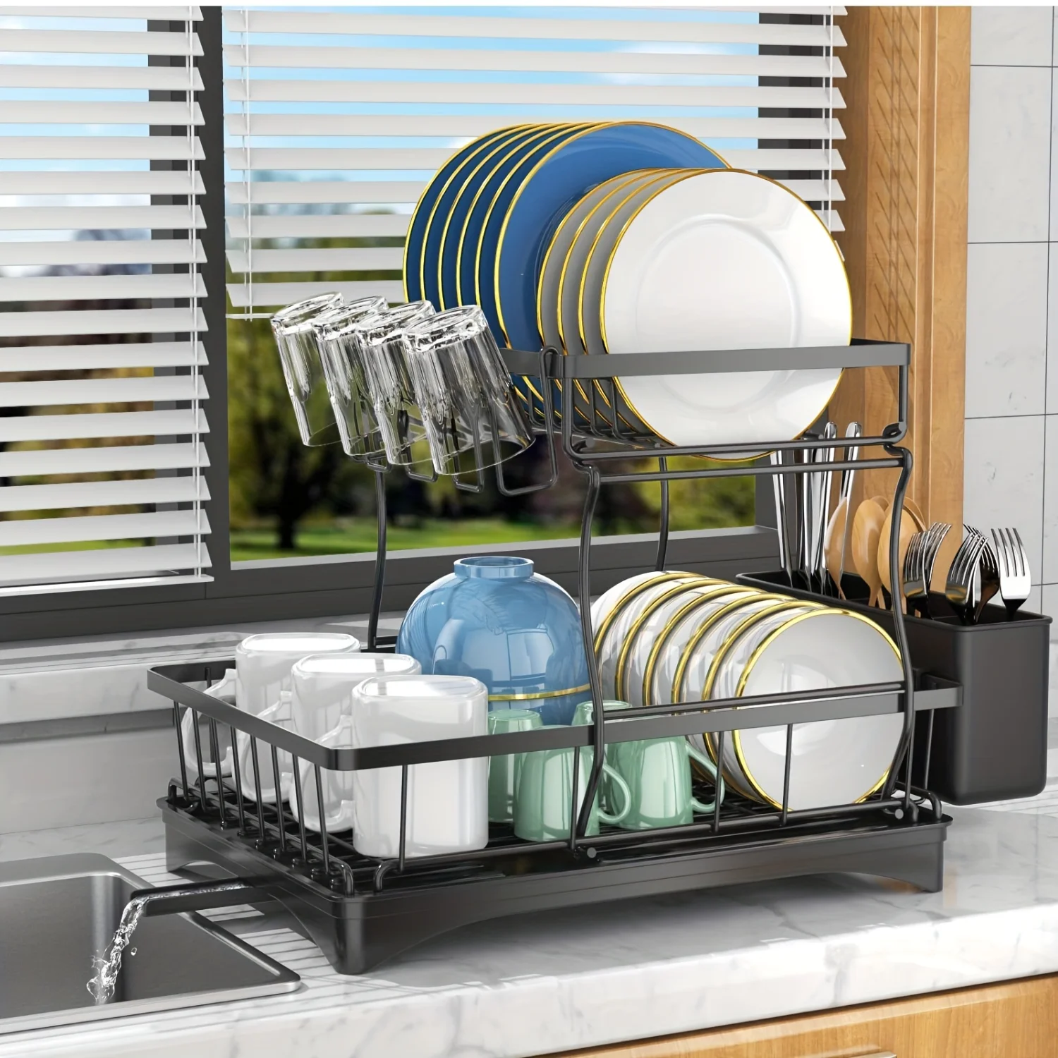 Kitchen  Set With Double-layer Bowl And Dish Rack, Bowl And Dish Drying Rack With ° Drainage System, Bowl And Dish Draining Boa