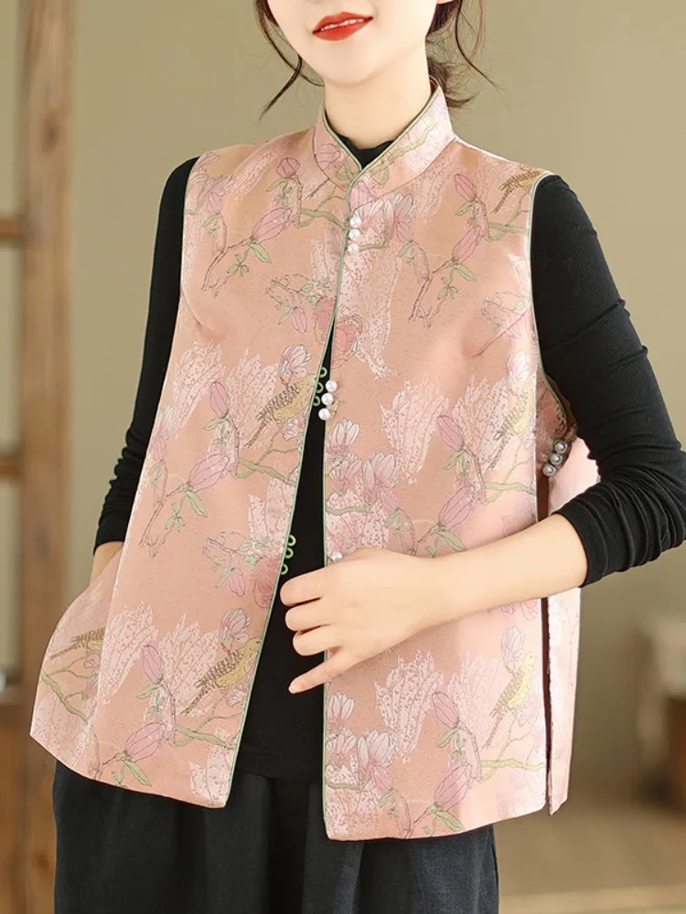 

Young Style Chinese New Version Button Vest Women's Spring Pink Cotton Lined Jacket Traditional Tang Costume Top