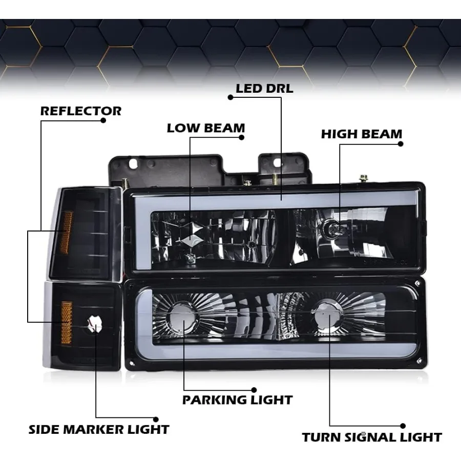 Corner Headlight Bumper Lamp w/LED Strip Light,Compatible with 1994-1998 Chevy C10 C/K 1500 2500 3500 Fit 94-99 Chevy Tahoe Subu