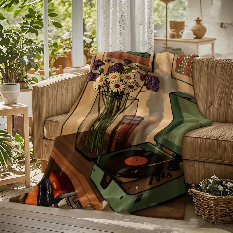 Vinyl Player Vase Cozy Flannel Blanket Perfect for Sofa Office Bed Travel Sleep Read Relax Camping Four Season Use