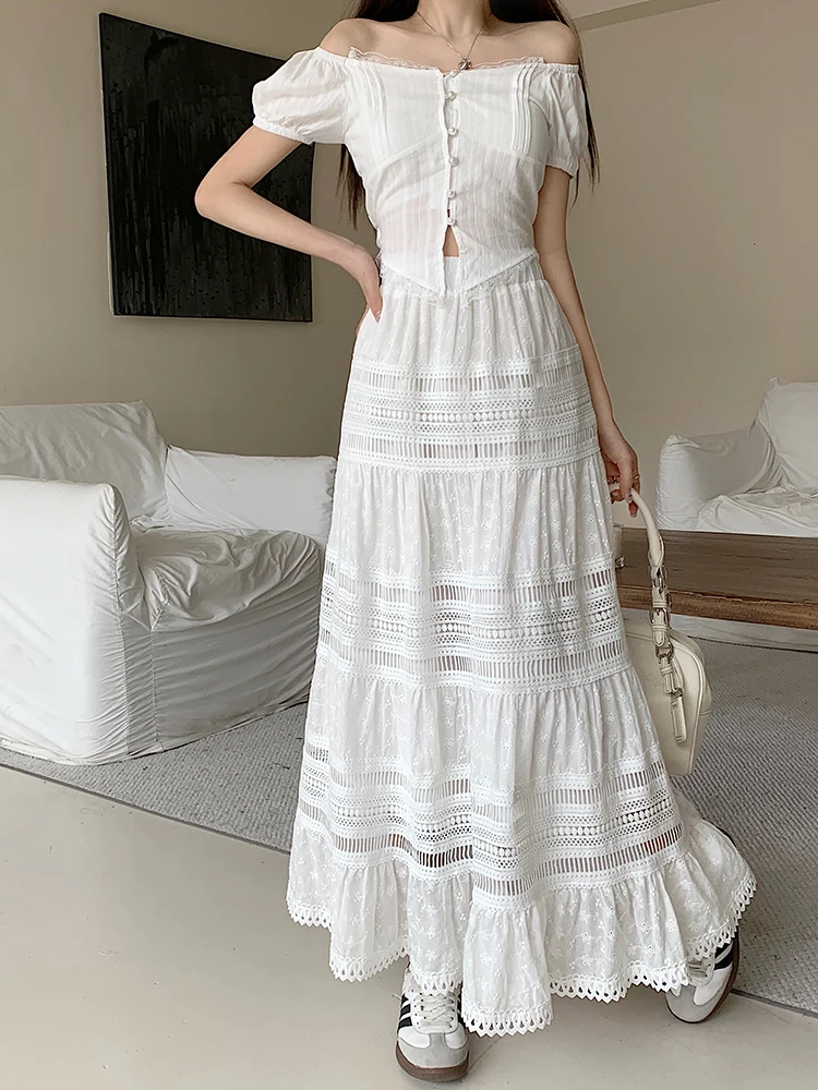 Heavy Industry Hollow Out Embroidered Cotton White Skirts Women Long Maxi Skirt 2024 New Fashion Vintage Patchwork A-Line Skirt