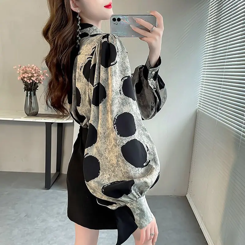 Women\'s Clothing Vintage Elegant Polka Dot Print Button Shirts Office Lady Lantern Sleeve Chic Designer Blouse Casual Loose Tops