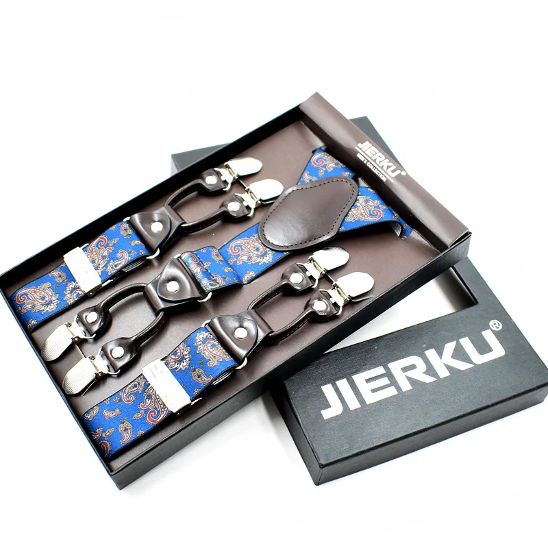 ヴィンテージペイズリー柄メンズサスペンダー-幅35cm×120cm-y字型バック-6メタルクリップ付き-調節可能な伸縮性トラウザーブレースストラップベルト