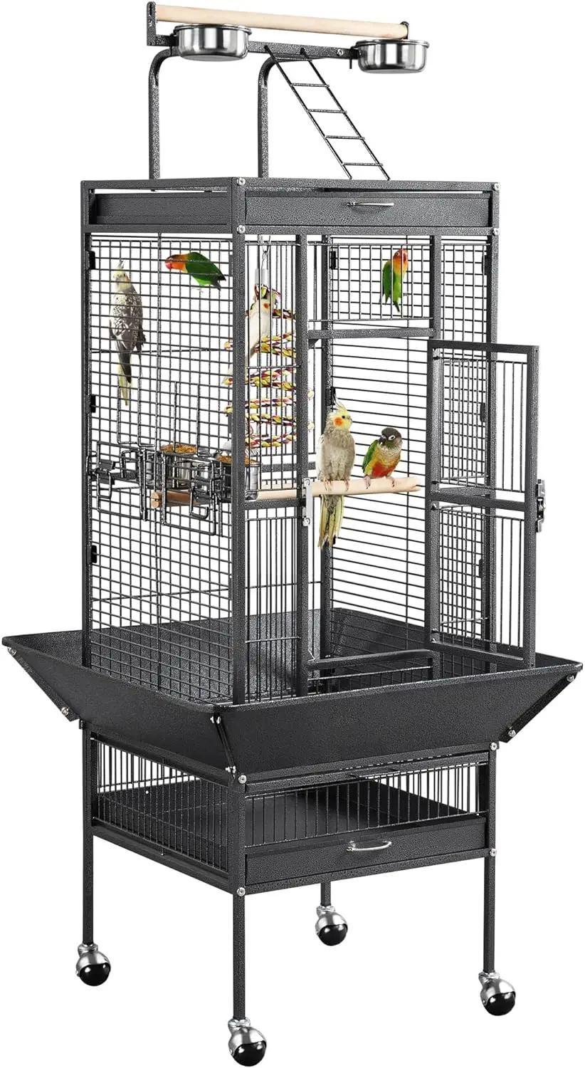 

61-inch Playtop Wrought Iron Large Parrot Bird Cages with Rolling Stand for Parrot Quaker Parakeet Lovebird Finch Canary