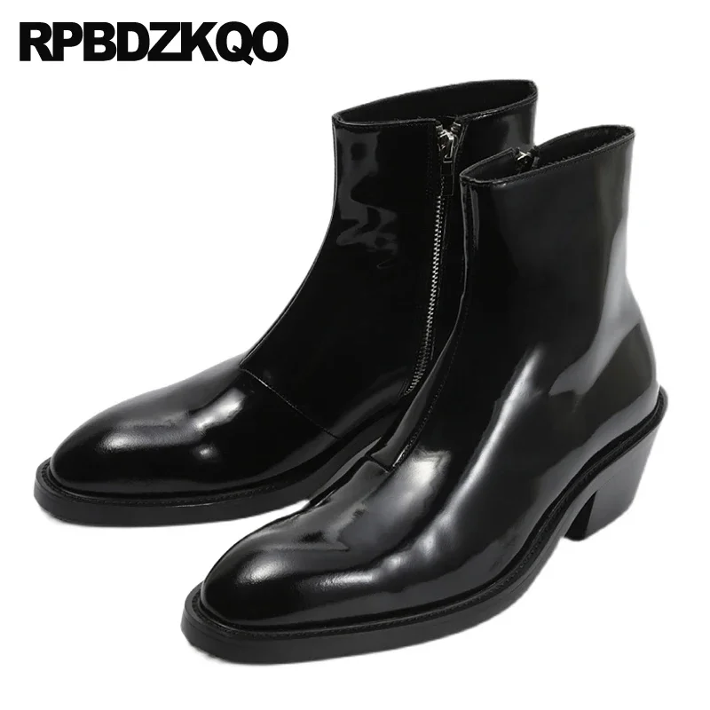 

Fashion Patent Leather Zip Up Ankle Mens High Heel Boots Full Grain Formal Real Zipper Chunky Dress Fall Shoes Designer 2022 Top