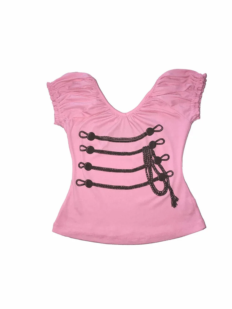 Sommer Damen T-Shirt Y2K Coquette Streetwear Off-Shoulder Puffärmel Seil-Print Rückenausschnitt Slim Fit Crop-Top – Detail 10