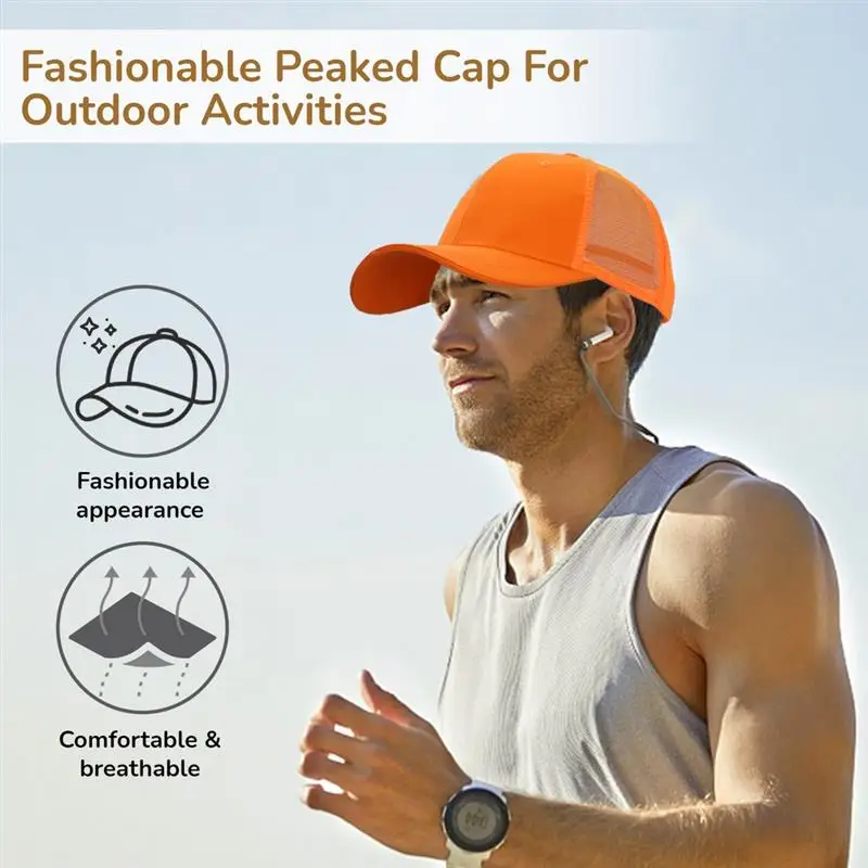 Orange Peaked Cap With Spliced Mesh Design Fashionable Baseball Cap Hat Breathable Long-Brim Cap With Adjustable Buckle Strip