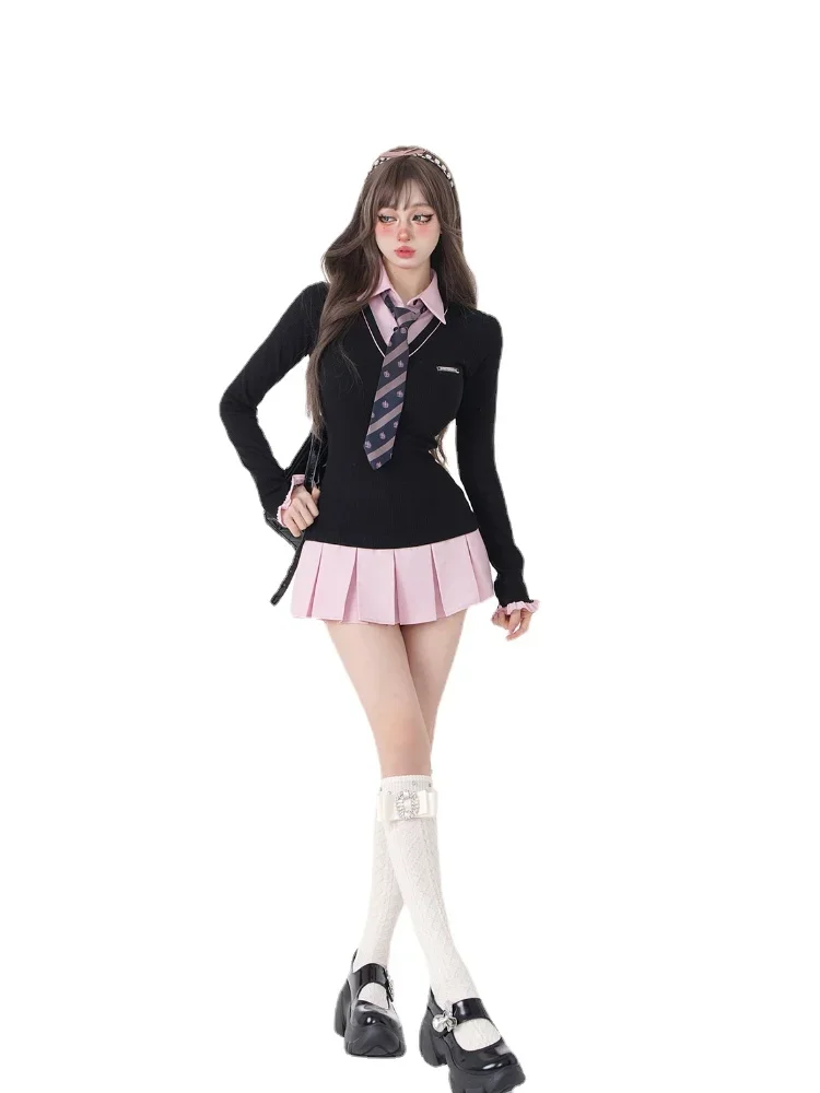 Women Kpop Mini Black Pink Preppy Style Long Sleeve Shirts Dress With Tie Gyaru 2000s Aesthetic Japanese Y2k Girl One-Piece New